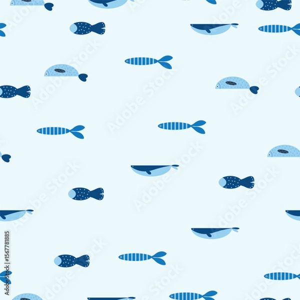 Fototapeta Seamless cartoon pattern with various flat-style marine fish in different shades of blue. Light blue background creates a calm ocean mood. Great for packaging, fabric, and kids' products