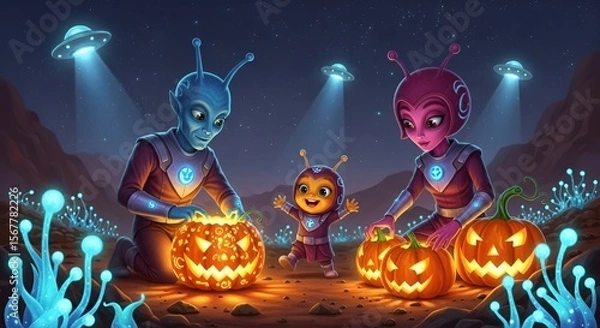 Fototapeta Alien Family Carving Pumpkins on a Distant Planet for Halloween | Extraterrestrial Holiday Scene with UFOs and Glowing Plants
