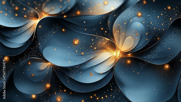 Fototapeta Dark blue waves with sparkling golden dust and spheres. Abstract background with elegant curves and glowing particles.
