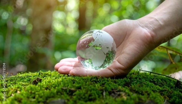 Fototapeta Hand holding a crystal globe on soft moss in forest, symbolizing nature and environmental care.