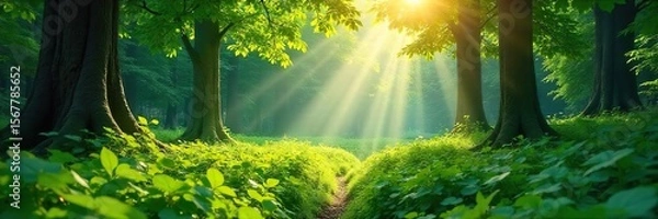 Fototapeta Sun-Dappled Summer Forest Lush Green Canopy Illuminates Forest Floor, Creating a Magical Atmosphere. Perfect for Travel, Nature, and Environmental Projects.
