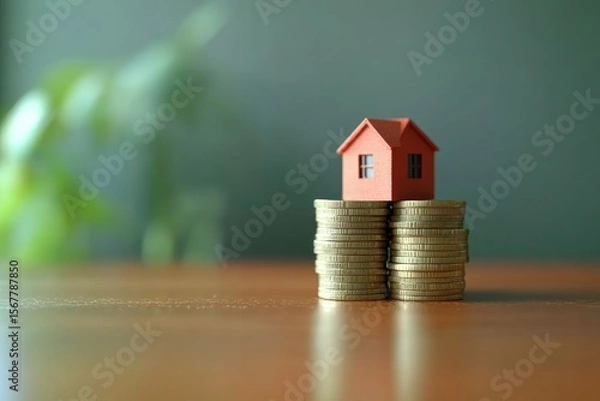 Fototapeta Real estate concept background. House model and coins stack on wooden table, copy space. 3d illustration , realistic design