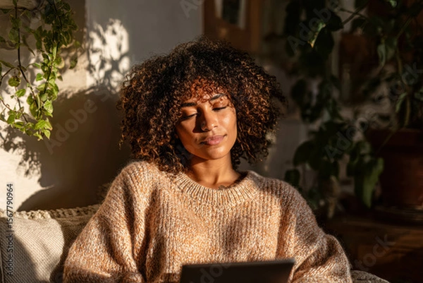 Obraz Curly Haired Black Woman Wearing Cozy Beige Sweater Enjoying Tablet Amid Sunlit Indoor Greenery Serenity Concept. Relaxed Woman
