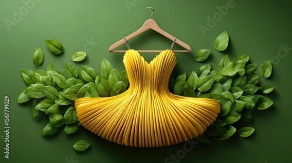 Fototapeta Yellow pleated dress on green background with leaves