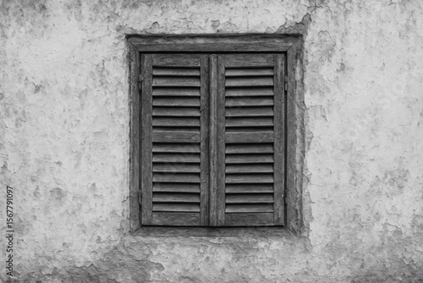 Fototapeta Old weathered window with wooden shutters and a rough textured wall in monochrome
