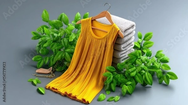 Fototapeta Yellow sleeveless top displayed with towels and plants