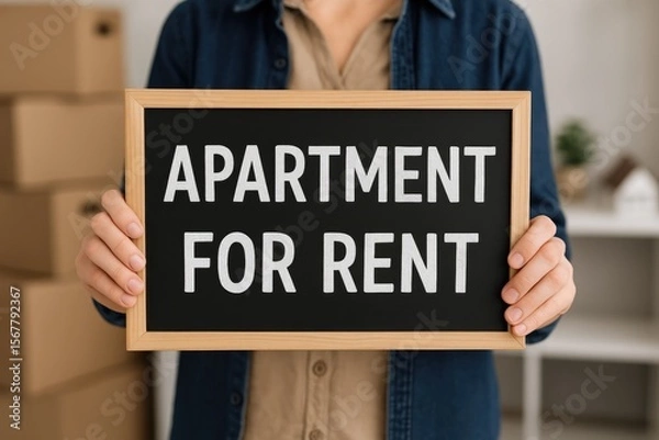 Fototapeta Person holding a signboard with rental listing while preparing to relocate, real estate advertisement