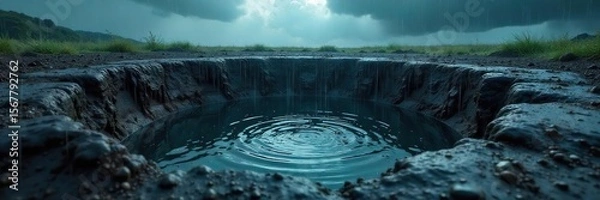 Fototapeta A gaping hole in the ground fills with rainwater, creating a dark, mysterious pool reflecting the stormy sky above The scene is dramatic and evocative of nature's power , rain, rural, deluge