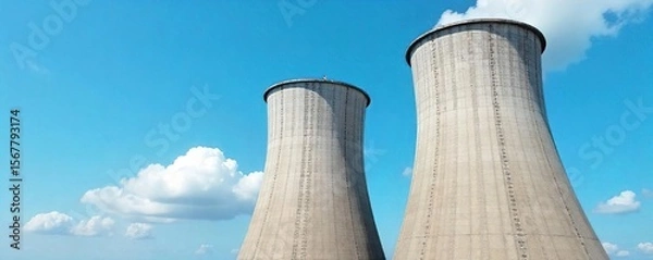 Fototapeta Industrial Cooling Tower under a Clear Blue Sky  Efficient Heat Dissipation and Energy Production Infrastructure
