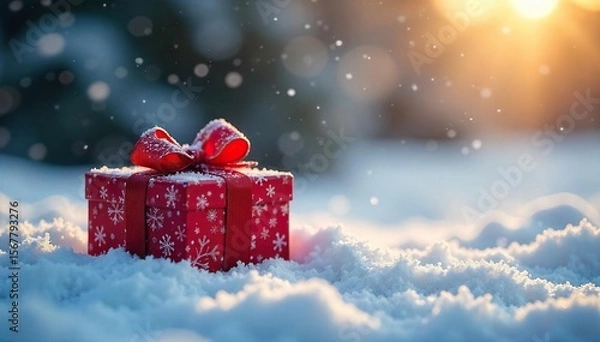 Fototapeta A frosty Christmas morning, a gift sits untouched on the snow-covered ground, awaiting discovery The cold winter air hangs heavy, hinting at the magic within , frozen, winter, frozen ground