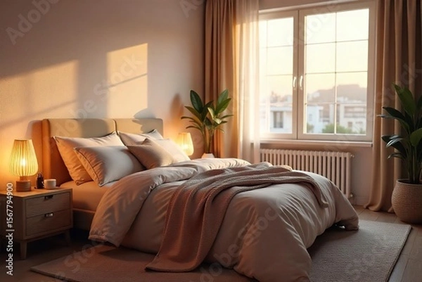 Fototapeta Serene Bedroom Soft Lighting, Cozy Textures, and Calming Colors for Peaceful Sleep and Relaxation