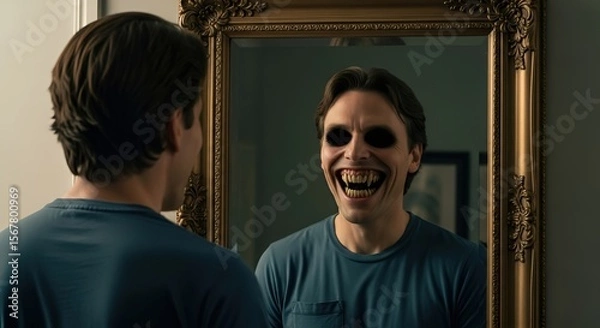 Fototapeta Creepy Man with Empty Eyes Laughing in Mirror | Horror Concept for Halloween, Mental Health Illustration, and Thriller Movie Posters