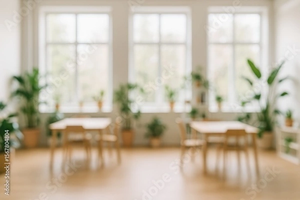 Fototapeta A bright and airy office environment with expansive windows, abundant sunlight, and greenery, ideal for creative teamwork in a contemporary studio