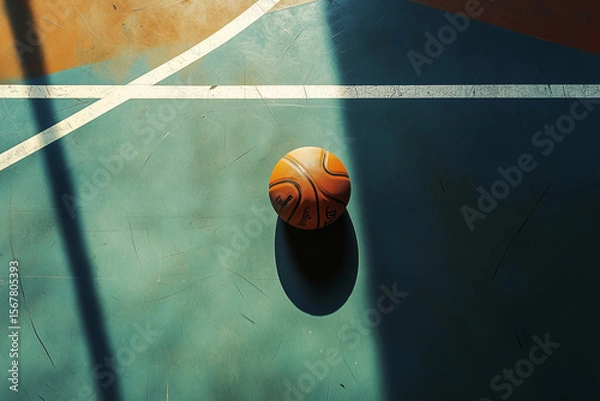 Obraz Basketball resting in the center of a court with shadows creating an intriguing pattern on the surface at midday