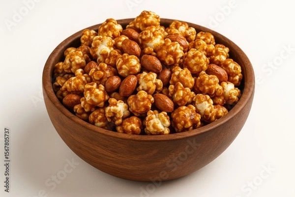 Fototapeta Elegant bowl showcasing premium peanut candy popcorn on a white backdrop