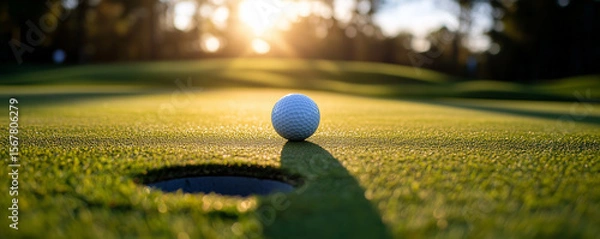 Obraz Golf ball resting near the hole on a sunlit green during a serene late afternoon round of golf