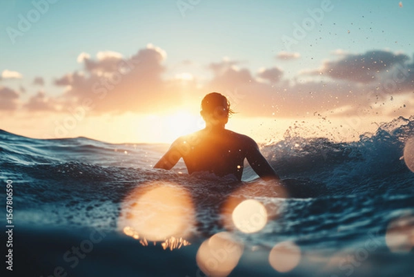 Obraz Surfer paddles into the horizon under a glowing sky at sunset over the ocean waves