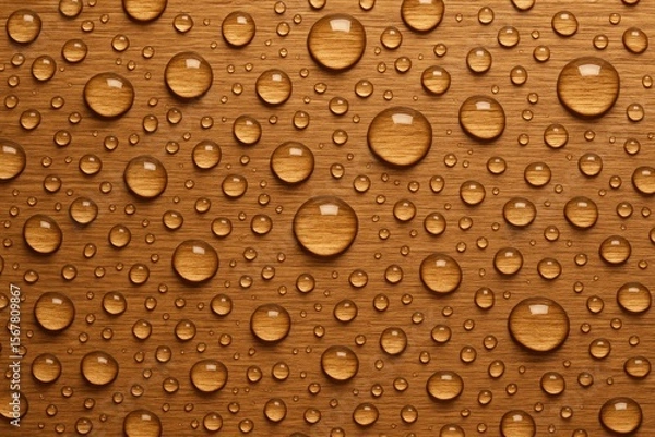 Fototapeta Moisture beads on a wooden surface with a brown hue