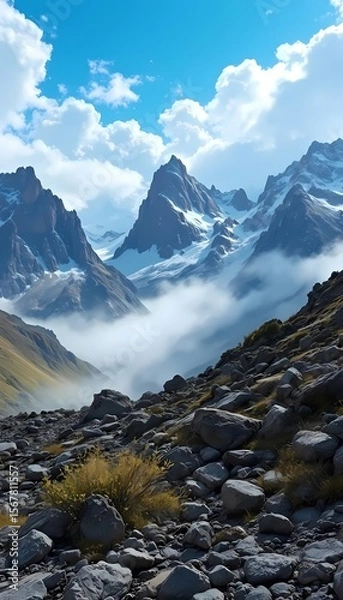 Obraz Dramatic mountain landscape with rocky trail and clouds

