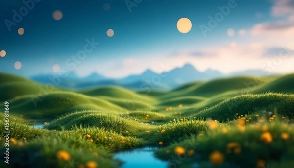 Obraz Dreamy fantasy landscape with green hills and glowing orbs

