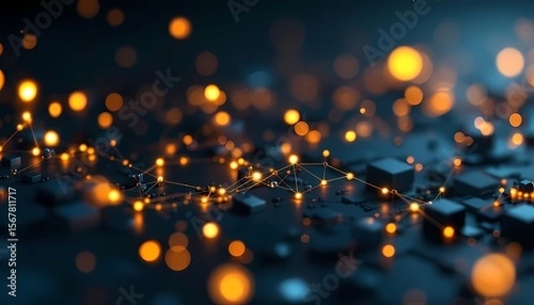 Obraz Futuristic digital technology background with glowing orange nodes

