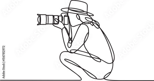 Fototapeta  continuous line drawing of a photographer in crouching pose holding DSLR camera with telephoto lens in black and white style