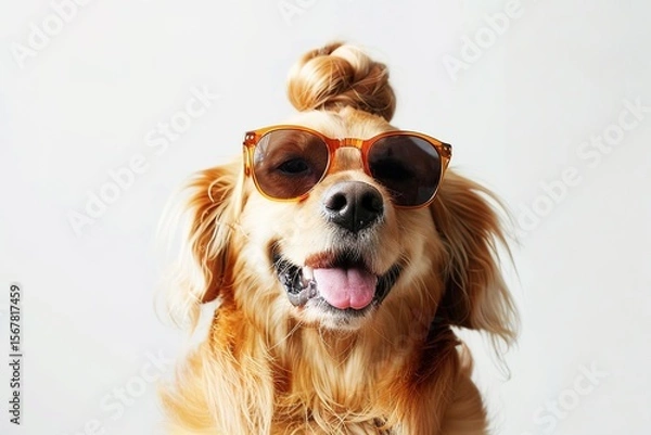 Obraz Stylish Pup Persona: A Golden Retriever in Sunglasses Rocks Faux Hawk, Mohawk, Flow, Top Knot & More Hairstyles with Adorable Charm
Meet the most fashion-forward Golden Retriever: this fluffy pup dons