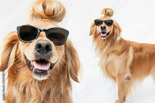 Obraz Stylish Pup Persona: A Golden Retriever in Sunglasses Rocks Faux Hawk, Mohawk, Flow, Top Knot & More Hairstyles with Adorable Charm
Meet the most fashion-forward Golden Retriever: this fluffy pup dons