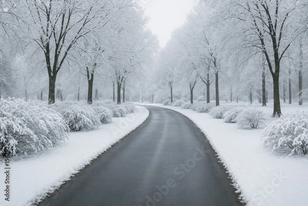 Fototapeta A serene park scene featuring a pathway lined with snow-dusted trees and shrubbery
