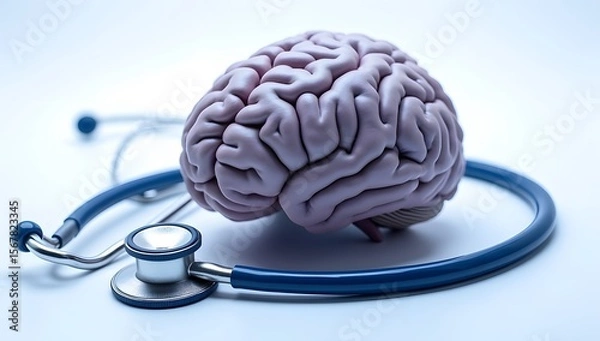 Fototapeta A brain with stethoscope isolated on white background, neuro care concepts