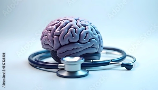Fototapeta A brain with stethoscope isolated on white background, neuro care concepts