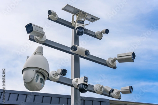 Fototapeta Street surveillance cameras of different modifications on one stand