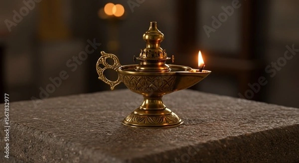 Fototapeta Ornate Brass Oil Lamp with Burning Flame on Stone Surface, Soft Bokeh Background