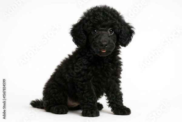 Fototapeta White background featuring a black Poodle puppy