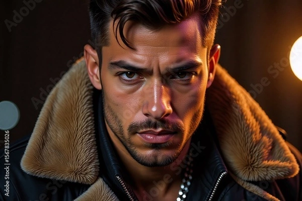 Fototapeta Intensely Focused Man in Leather Jacket