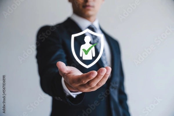 Fototapeta Businessman presents a shield with a person and checkmark