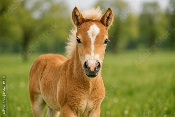 Fototapeta Adorable young Haflinger pony foal with a blond chestnut coat, standing attentively in a grassy field, portrait