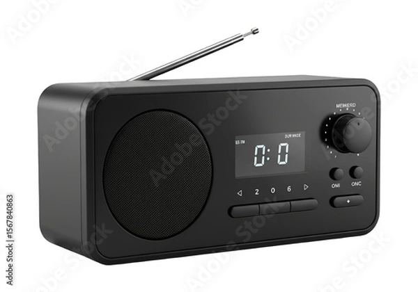 Fototapeta Modern black digital clock radio with extendable antenna isolated on transparent background