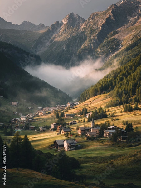 Obraz Small village nestled between mountains and rolling hills in the early morning light with mist enveloping the valley below