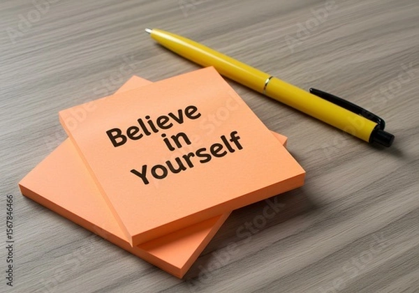 Fototapeta A bright orange "Believe in Yourself" sticky note with a yellow pen on a wooden desk.