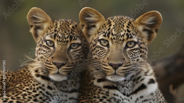 Fototapeta Photograph of two leopards in the savanna hugging affectionately, showcasing the beauty of wildlife bonding and emotional connection in their natural habitat under warm daylight.
