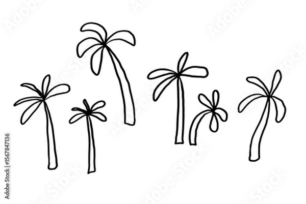 Obraz Funny sketch with palm trees on isolated background. Hand drawn seascape with tropical trees, sand in line art. Vector illustration simple doodle with exotic landscape. Design element for banner, card