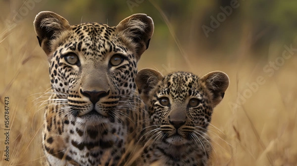 Fototapeta Photograph of two leopards in the savanna hugging affectionately, showcasing the beauty of wildlife bonding and emotional connection in their natural habitat under warm daylight.
