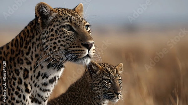 Fototapeta Photograph of two leopards in the savanna hugging affectionately, showcasing the beauty of wildlife bonding and emotional connection in their natural habitat under warm daylight.
