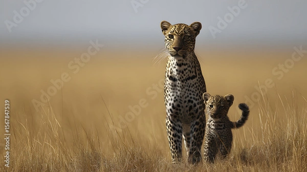 Fototapeta Photograph of two leopards in the savanna hugging affectionately, showcasing the beauty of wildlife bonding and emotional connection in their natural habitat under warm daylight.
