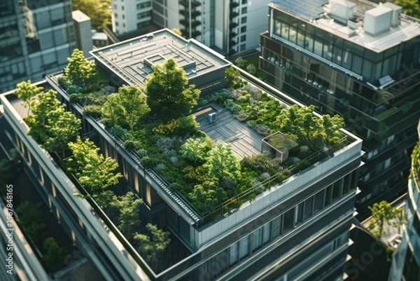 Fototapeta Flawless Image of Aerial View of a Rooftop Garden on Top of a Building in the City