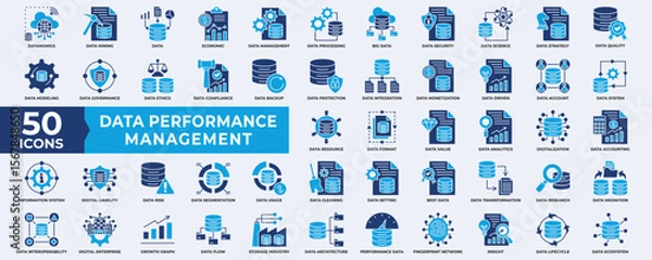 Fototapeta Data Performance Management icon collection set. Containing database, performance, management, big data, data mining, quality, process, data, document, strategy and analysis. Simple flat Vector.  
