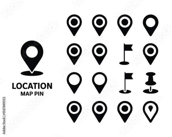 Obraz Black Location Pin and Map Icon Design Set