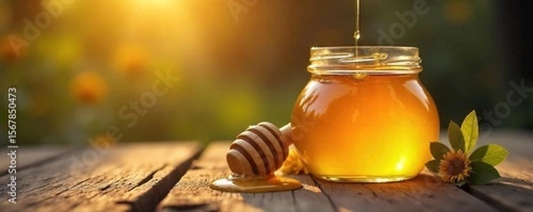 Obraz Golden Honeycomb Dripping from Vintage Jar on Rustic Wood, Evoking Nostalgia and Natural Sweetness