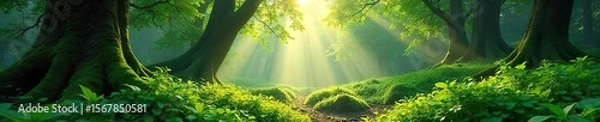 Obraz Sunlight Dapples Ancient Forest Peaceful Serenity in Lush Green Undergrowth